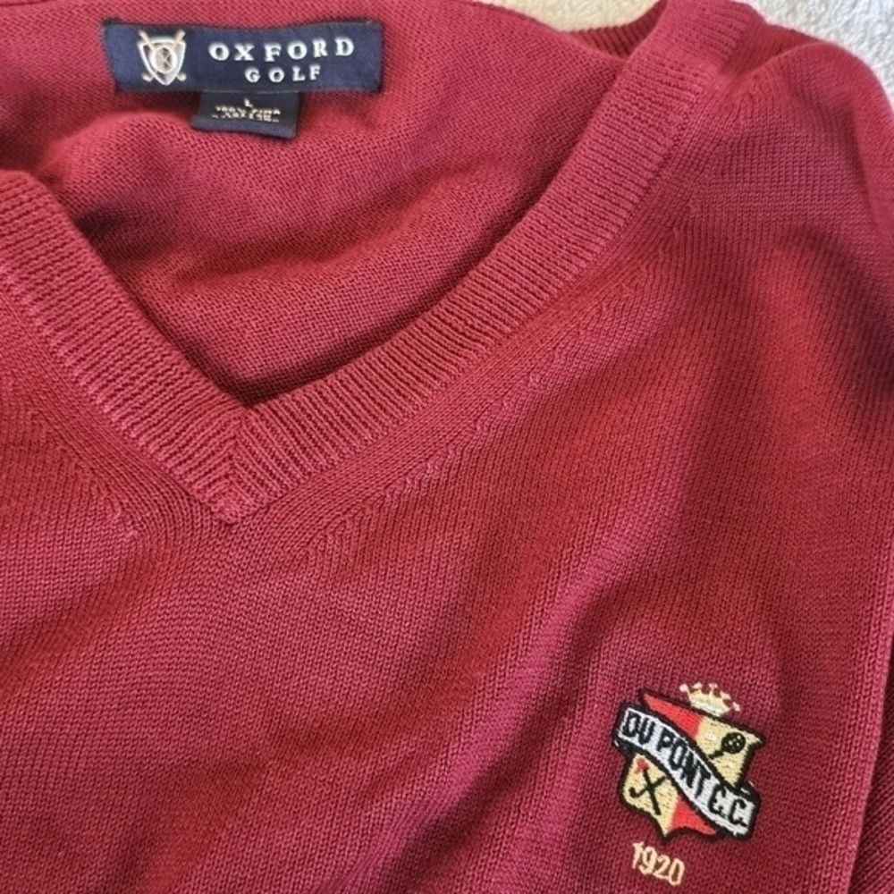 OXFORD GOLF Large Men’s Burgundy Pima Cotton V Neck Sweater CC Emblem Embroidery - Picture 2 of 7